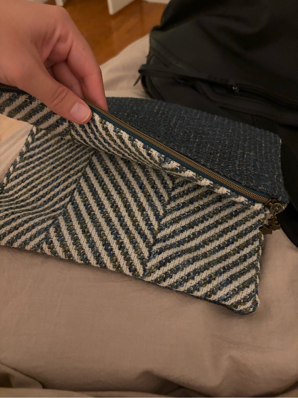 Woven Navy and Cream Fold-Over Clutch - Picture 3 of 4